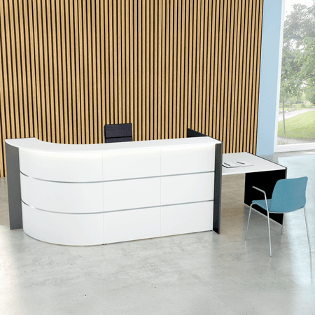 Winkeltheke Surround Up & Down (höhenverstellbar) mit Beratungsplatz weiß | 112 x 319 x 95 cm (HxBxT)