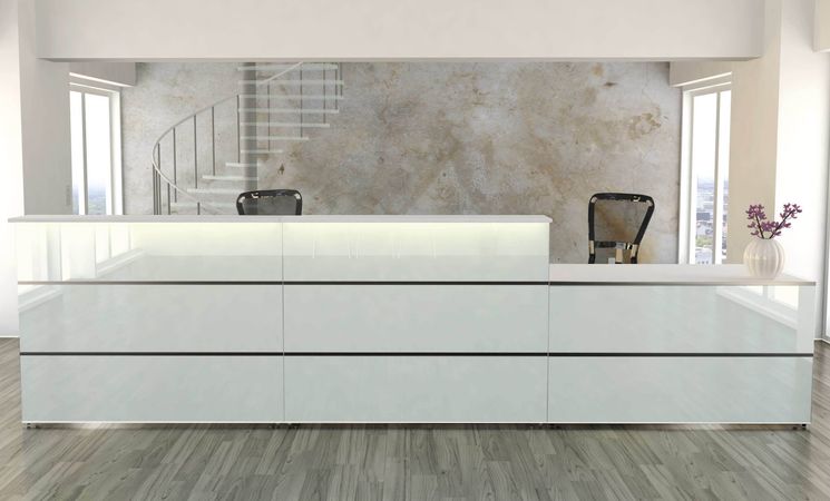 Empfangstheke Satinglas mit Beratungsplatz außen | 108 x 410 x 92 cm (HxBxT)