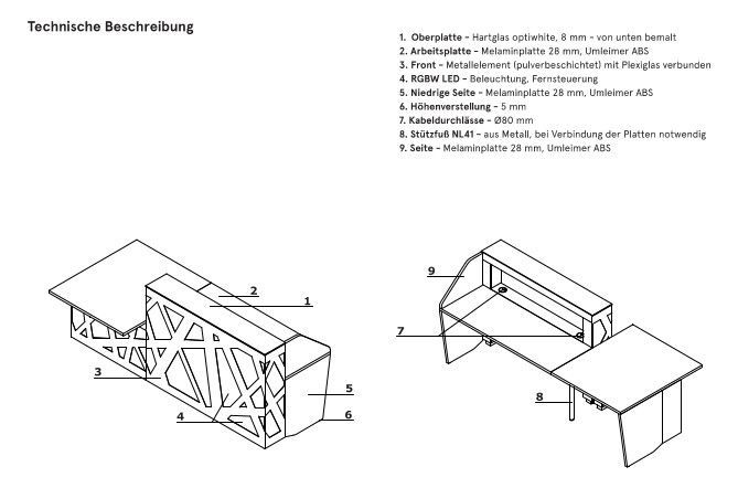 Empfangstresen Farbwechsel LED Fernbedienung Glas Metall Rezeption Empfangstresen