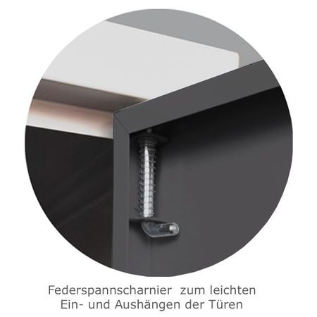 Federspannscharnier  zum leichten  Ein- und Aushängen der Türen des Spindes 