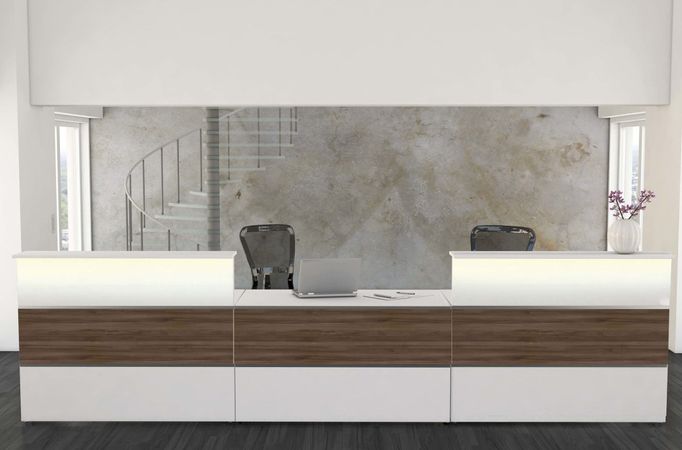 Empfangstheke Nussbaum mit Beratungsplatz mittig | 108 x 410 x 92 cm (HxBxT)