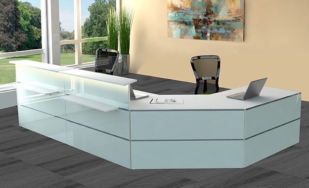 Empfangstheke Satinglas L-Form mit großem Beratungsplatz | 108 x 370 x 245 cm (HxBxT)