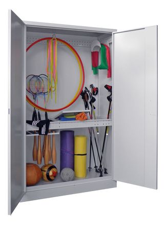 PAVOY Sportgeräteschrank konfigurierbar bis Vollausstattung | Ballschrank mit Flügeltüren | 195 x 120 x 50 cm mit Vollblech- oder Lochfeldtüren | große Farbauswahl