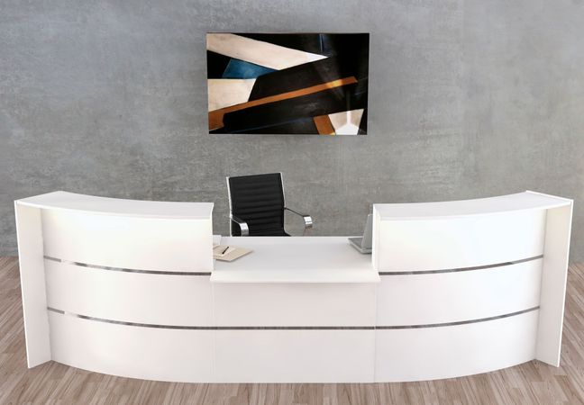 Große Bogentheke Surround mit Beratungsplatz komplett weiß | 112 x 324 x 123 cm (HxBxT)