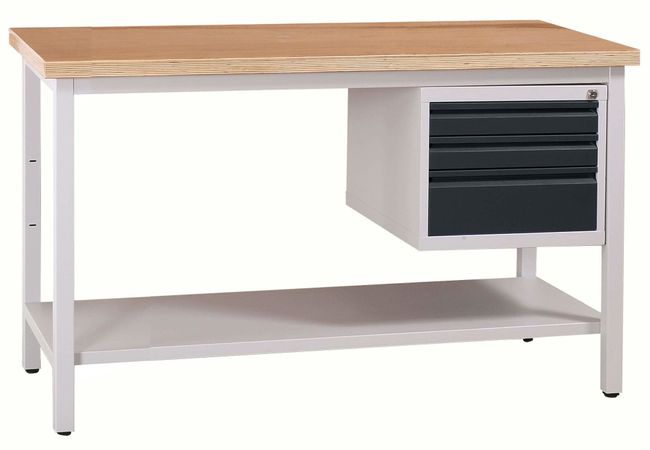 WERKSTATTEINRICHTUNG | Werkbank mit Ablageboden und 3 Schubladen 120 cm GRAU/ANTHRAZIT/BUCHE